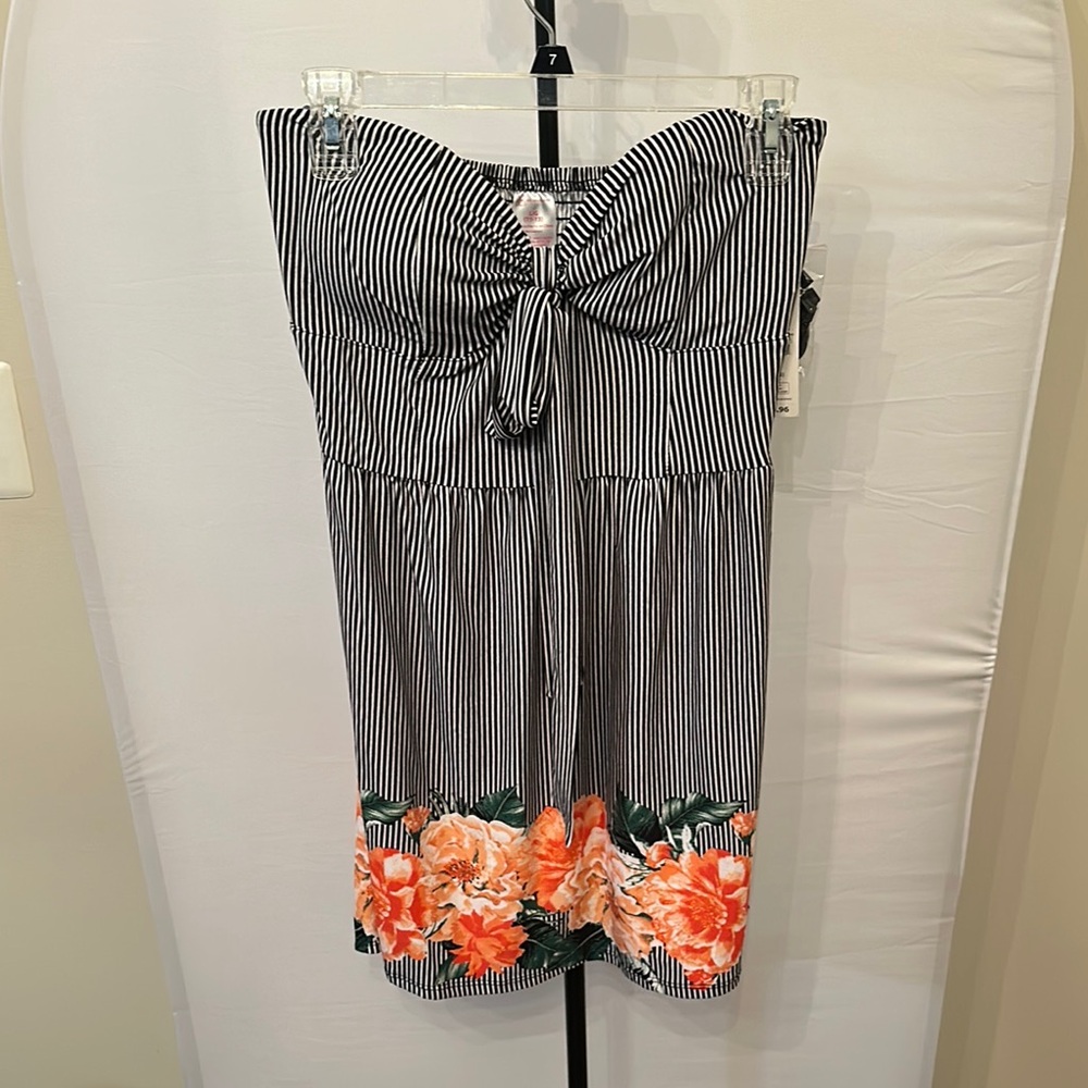 Black and White Striped Dress with Orange Floral Hem
